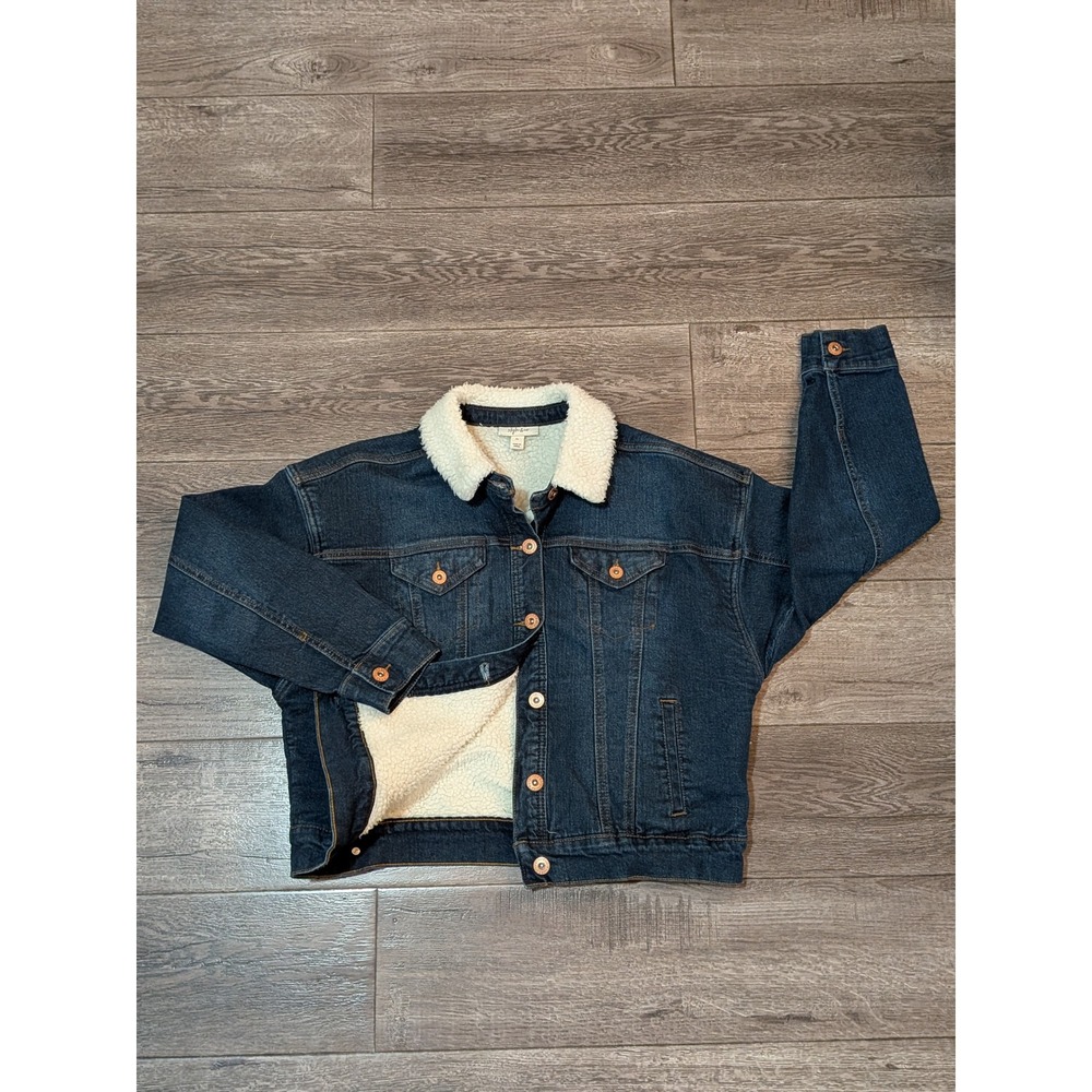 Style & Co Womens Petite Large Denim Jacket Faux Shearling Lined Dark Wash PL